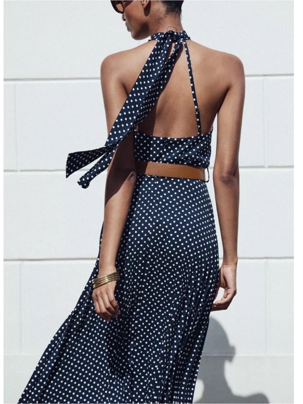 ZARA Navy Polka Dot Halter Maxi Dress with Brown Belt - Picture 2 of 13